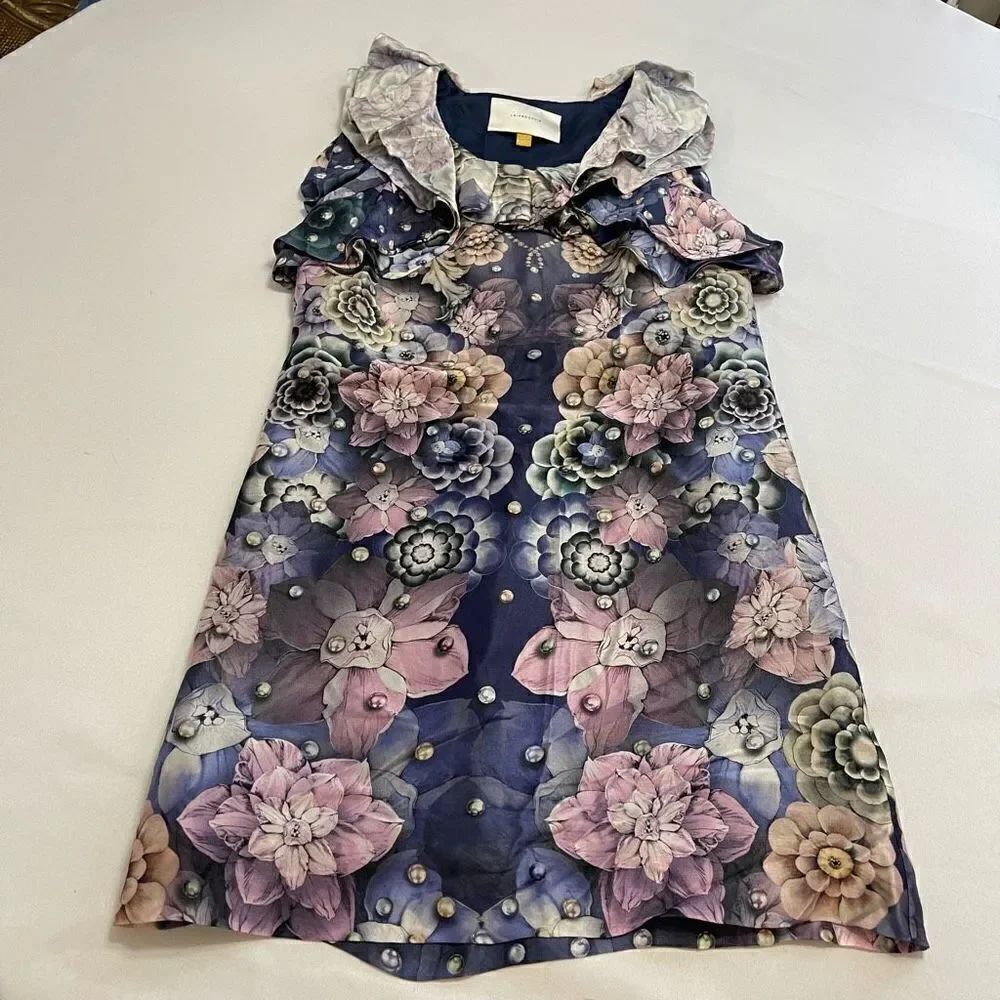 Anthropologie Leifsdottir Dress Size 6 Silk Ruffle Floral Pearl Navy Blue